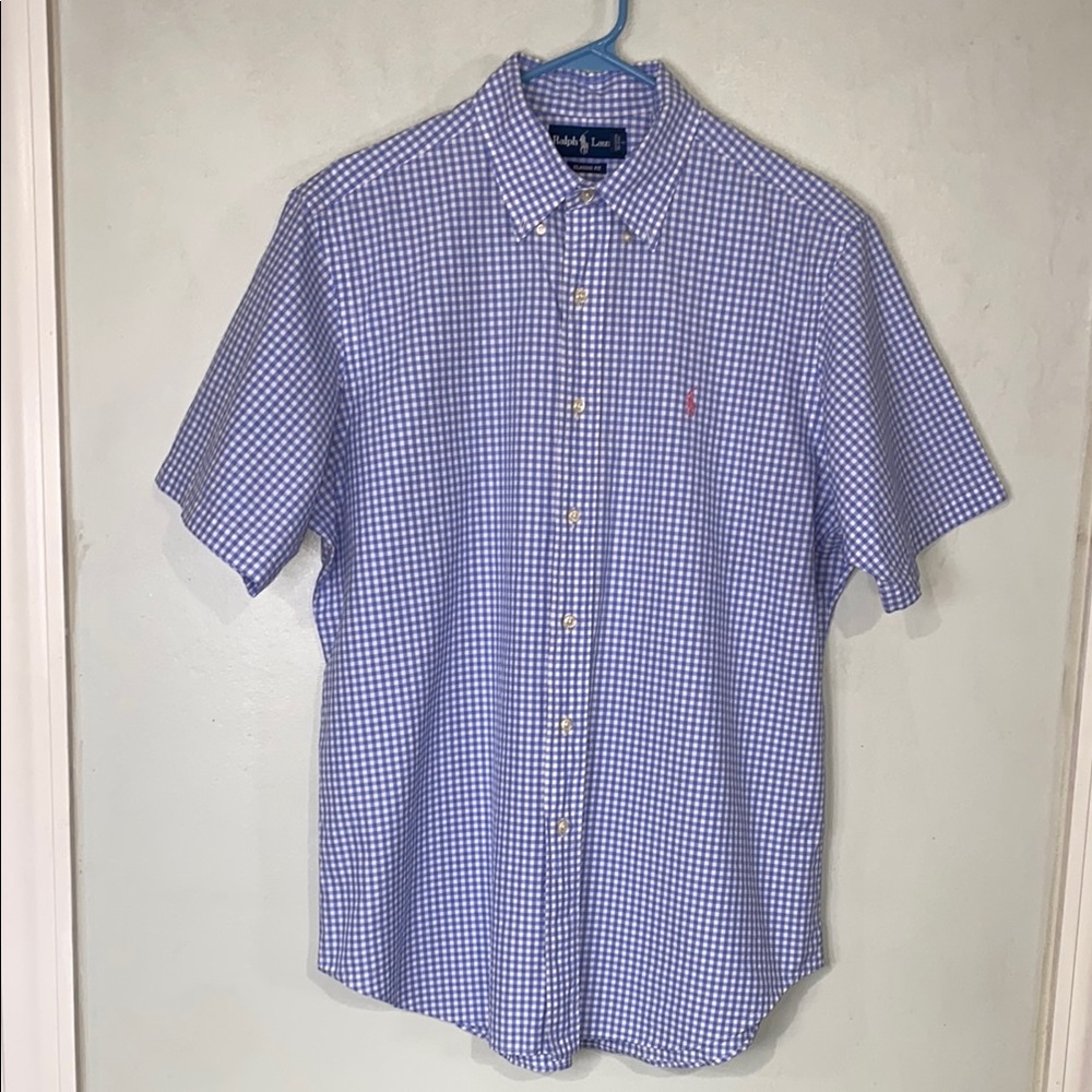Ralph Lauren Classic Fit Short Sleeve Gingham Blue White Button Down 100% Cotton - Picture 2 of 12